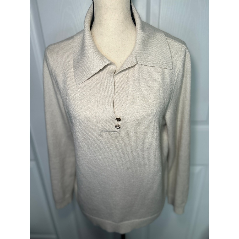 JM Collection‎ Shimmer Sweater Collared XL Cream Gold Metallic Button Pullover